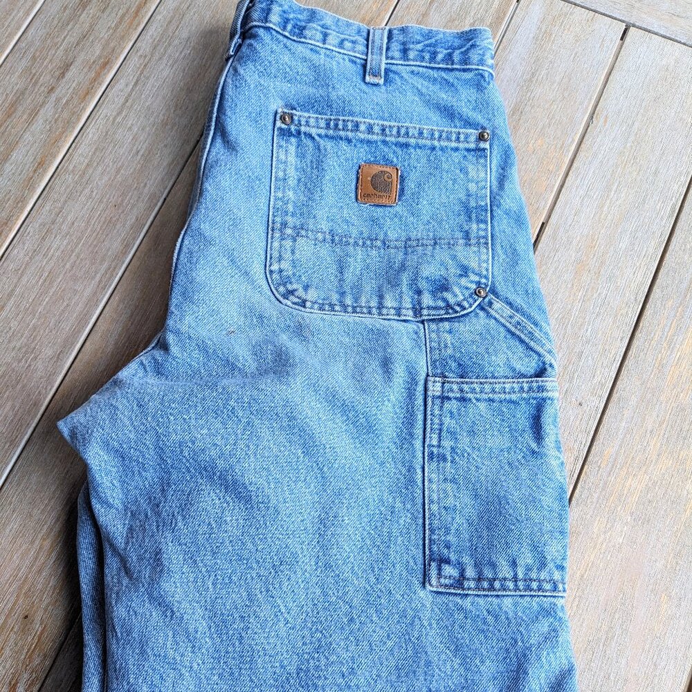 Vintage CARHARTT Men's Double Knee Denim Dungeree Work Jeans Faded B73 DST 34x34